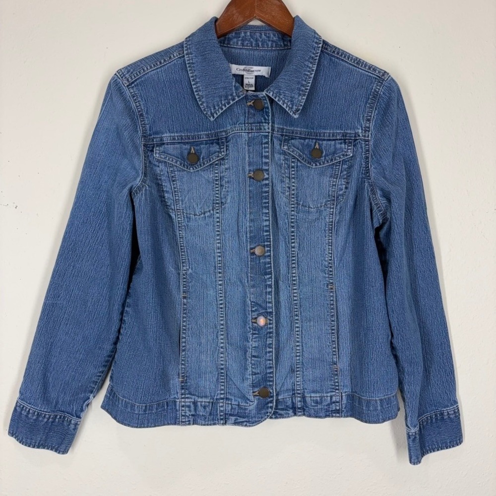 Croft & Barrow Womens Denim Trucker Jacket L Blue Stretch Button Front